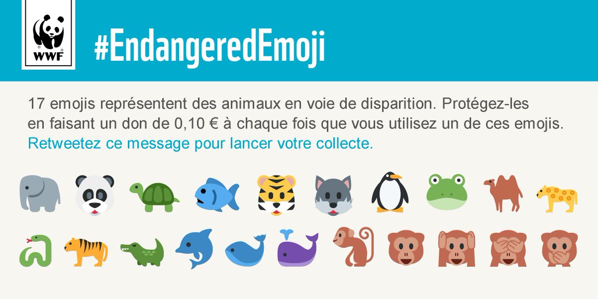 WWF's tweet image. Grâce à #EndangeredEmoji, sauvons les animaux de l&apos;extinction. Retweetez pour vous inscrire et nous soutenir