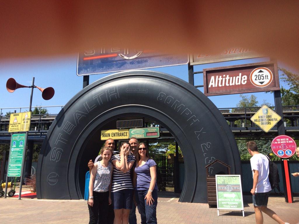SBSTrojan's tweet image. The staff are dragging Miss Cresswell onto 'Stealth' at the winning Trojan House Thorpe Park trip @StBirinusSchool