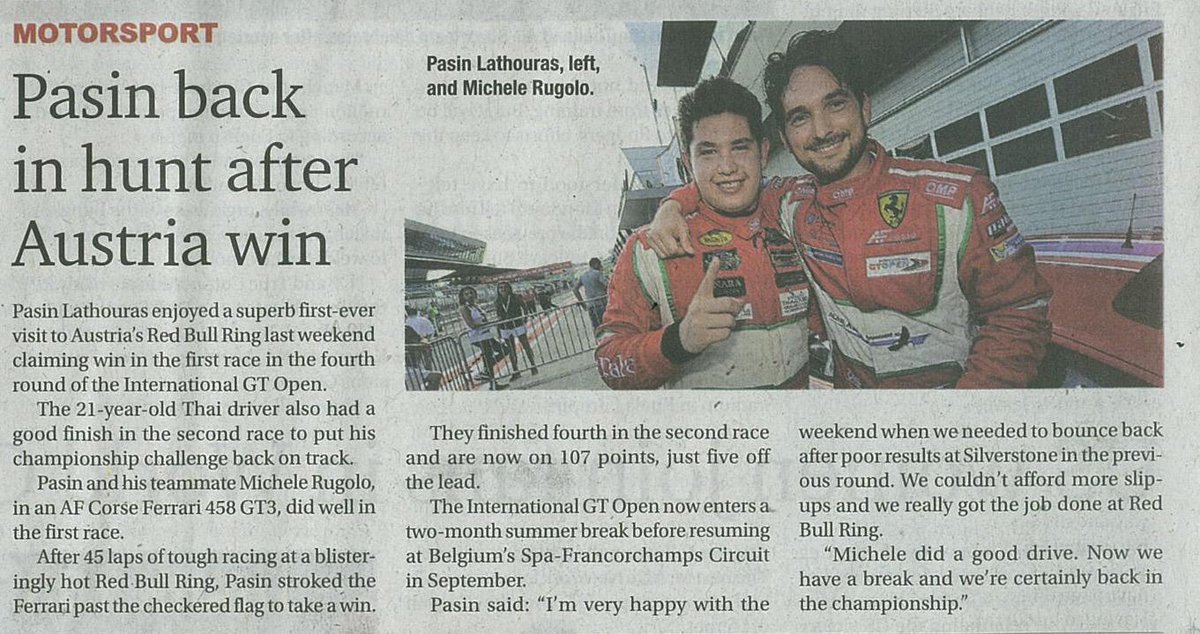 pasin_lathouras's tweet photo. Thank you #BangkokPost for #CoveringTheNewsAgain #InTheMediaAgain #GTOpen #RedBullRing @michelerugolo #LetsRace http://t.co/l8vxMHTCEa