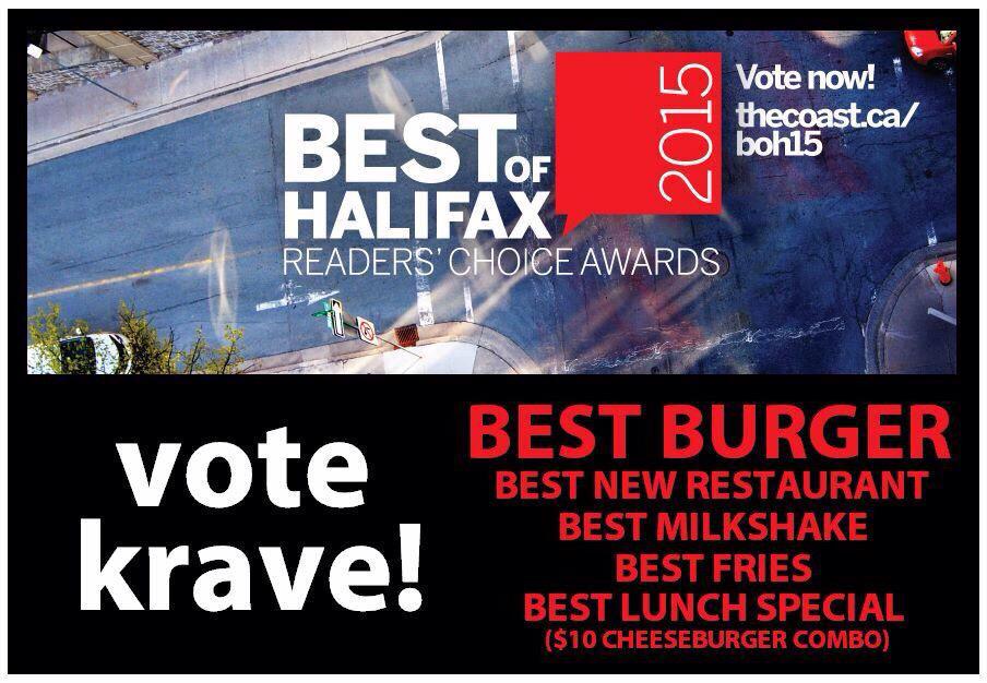 Kraveburger's tweet photo. VOTE KRAVE in @TwitCoast's Best of Halifax at http://t.co/sLPNGU4bJo! Thanks to everyone for the continued support! http://t.co/Jq8CURWsSE