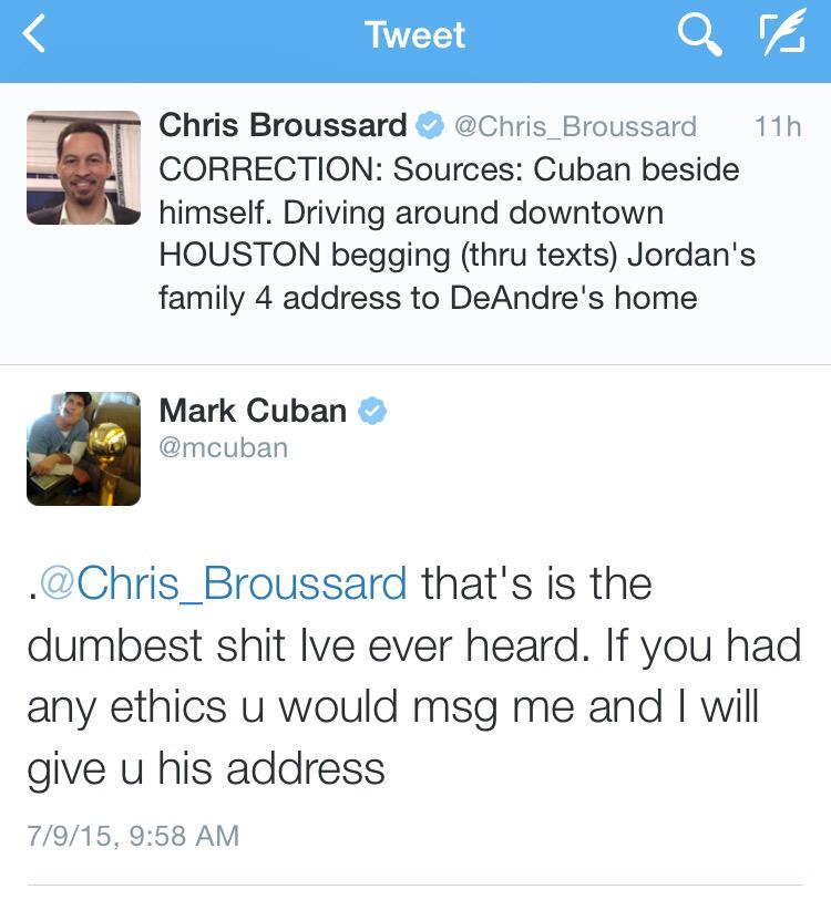 Rachel Nichols on Twitter: "#Mavericks Mark Cuban responds to report by  ESPN's Chris Broussard on the final hours of DeAndre Jordan free agency  http://t.co/iTKiUwnkBj" / Twitter