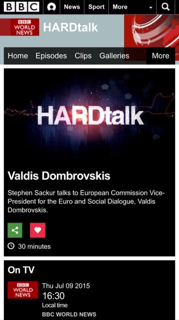Vegnere's tweet photo. Today on #BBCHARD talk @VDombrovskis on #Greece http://t.co/udqSdWZ0cl http://t.co/N9yElmGG4A