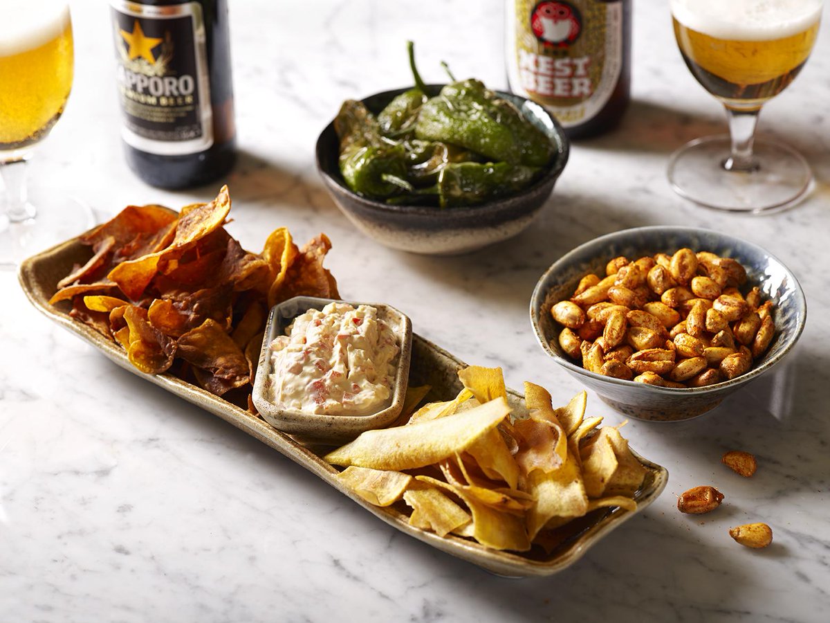 The best bar snacks in town...CRISPY PERUVIAN CANCHAS; PLANTAIN &amp; SWEET POTATO CHIPS; PADRON PEPPERS #MommiLife