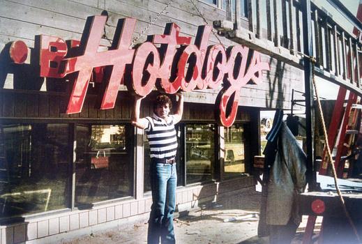 Here I am raising the original "Hot Dogs" sign in Downers Grove, IL in 1983. We relocated the store in 1997. #tbt