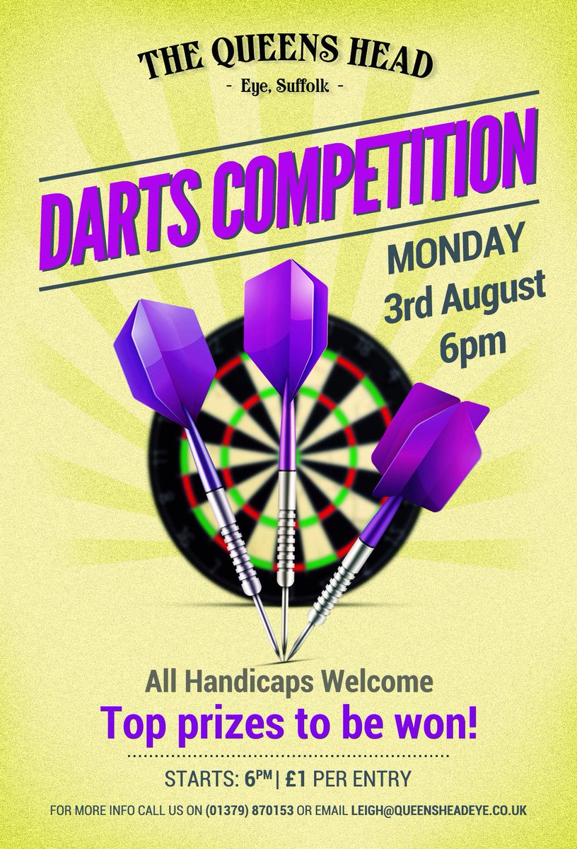 We've got a Darts Competition - 3rd of August. Just £1 per entry - all handicaps welcome and top prizes to be won!