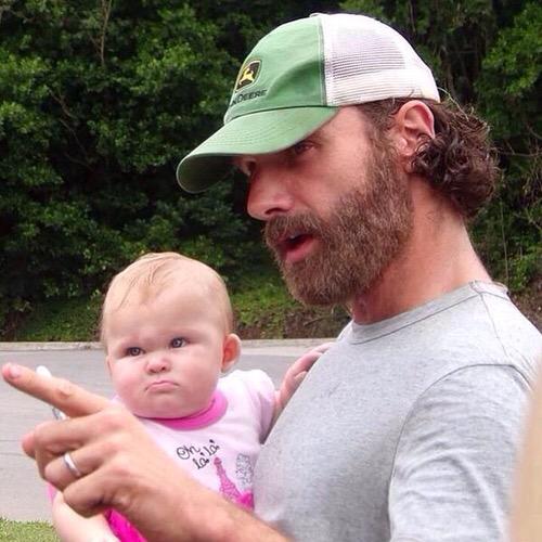 Rick: "Do you see that person, Judith?" 

Judith: 😯

Rick: "They don't watch #TheWalkingDead!" 

Judith: 😠