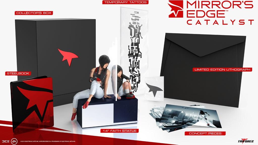 #MirrorsEdgeCatalyst Collector's Edition also getting revealed. Statue and steel book are the centre pieces.