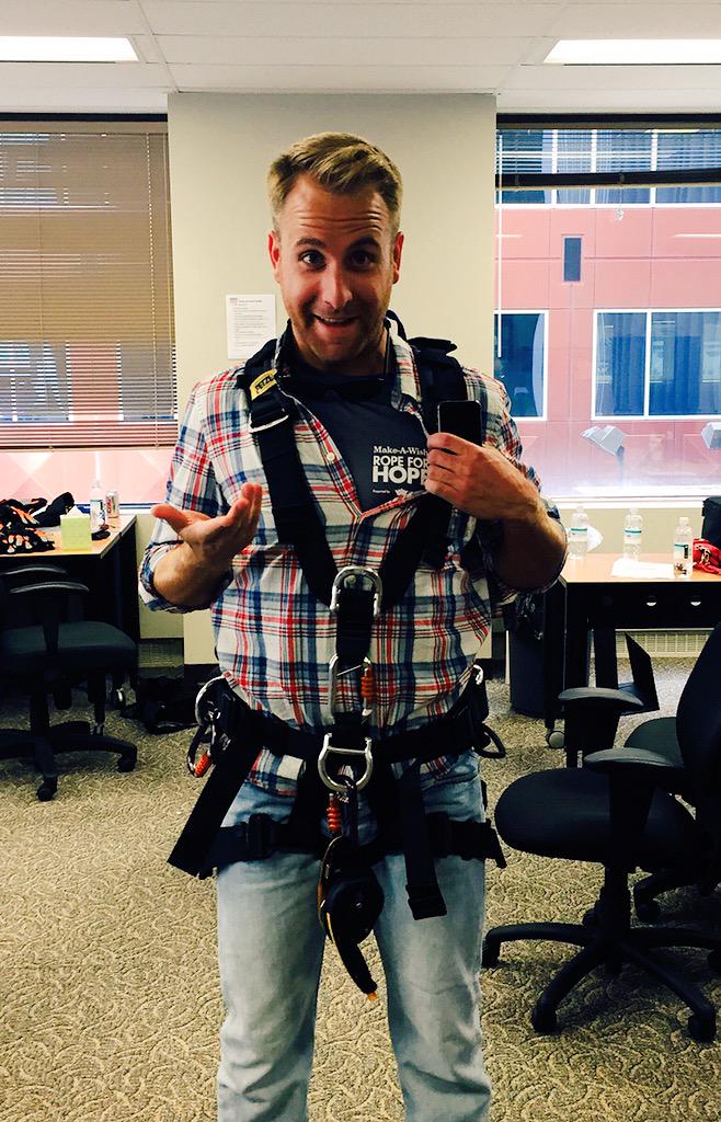 <a href="/gplats/">Gregory Plata</a> from <a href="/WestJet/">WestJet</a> getting ready to rappel @MakeAWishSA #RopeforHope