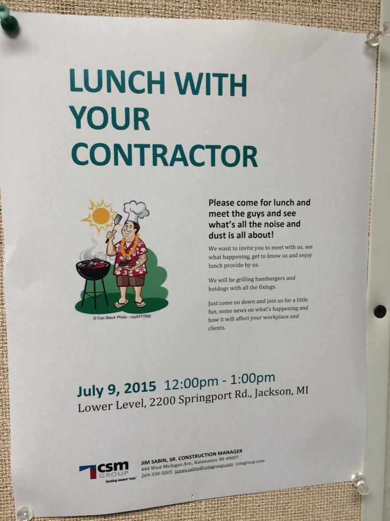 CSM_Group's tweet photo. @allegiancehealth lunch with your contractor is beginning! http://t.co/5Nl2dglk5u