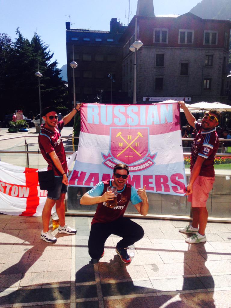 SpencerOwen's tweet image. Just met these West Ham fans from Russia. Proper legends. Got 10-day coach to Andorra and don't even have tickets!