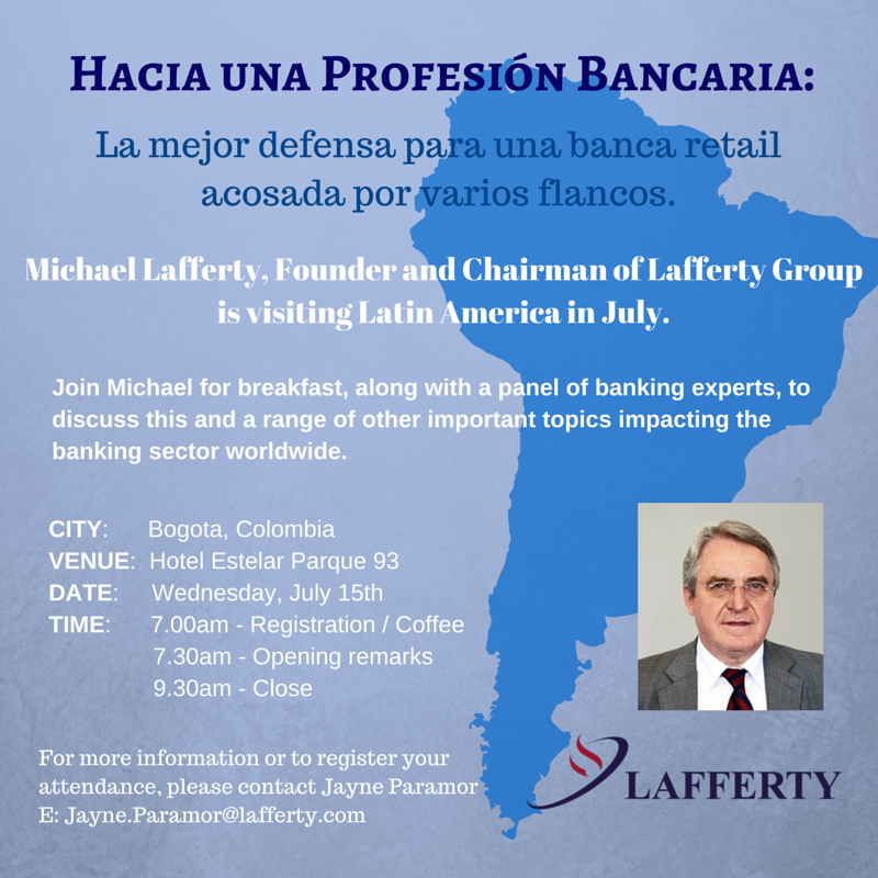LaffertyGroup's tweet photo. I'm hosting a breakfast in Bogota Colombia - 8am, 15 Jul - to discuss Professionalising Retail Banking. Join me! http://t.co/2PtiU9eddp