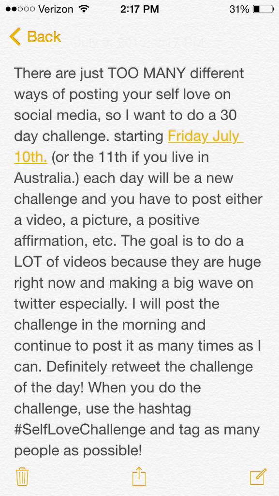 recoveryspirit's tweet photo. INFO ON THE #SelfLoveChallenge
It's starting TOMORROW GUYS 
RETWEET THIS 💗💜💙 http://t.co/rFmIlGyrKG