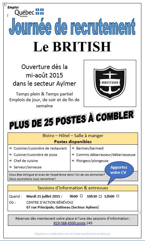 SITOGatineau's tweet photo. Journée de recrutement pour le British. 25 postes à combler.Reservez votre place, présentez vous avec votre CV à jour http://t.co/4Bw44qiV3i