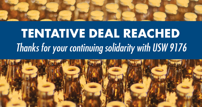 SteelworkersCA's tweet photo. Tentative deal for @usw9176. Thanks to all for your continuing solidarity. #canlab #bottlesnotcans http://t.co/0DAIGavVze