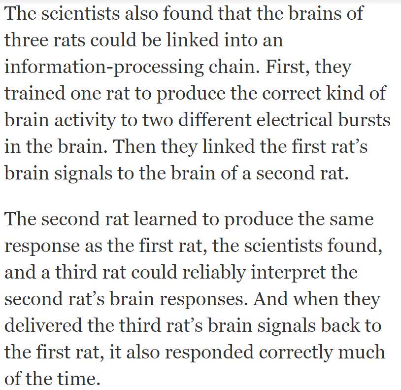 ramez's tweet photo. Brain implants allow one rat to learn directly from the thoughts of another: http://t.co/QGtZJs7DbN http://t.co/hYLrNKfDN3