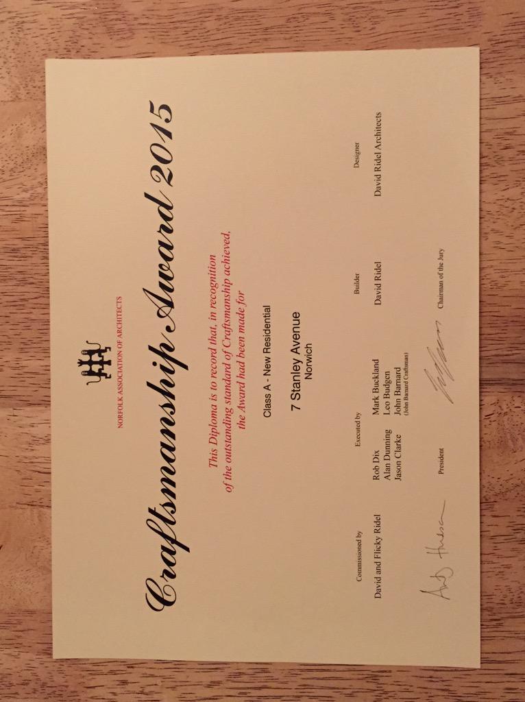 RobDix005's tweet photo. My first craftsmanship award for constructing a new build house in Norwich #naa15. http://t.co/9Zyd02M1cu