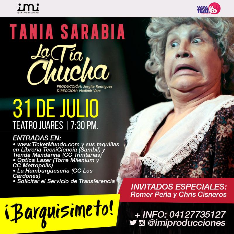 #Barquisimeto <a href="/TaniaSarabia/">Tania Sarabia</a> llega al <a href="/TeatroJuares/">Teatro Juares</a> con #LaTiaChucha 
+ info 04127735127