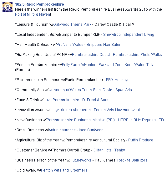 RadioPembs's tweet photo. The Winners List from the @RadioPembs Business Awards 2015! Well done all! #PBA15 http://t.co/DaJcydo7Tx