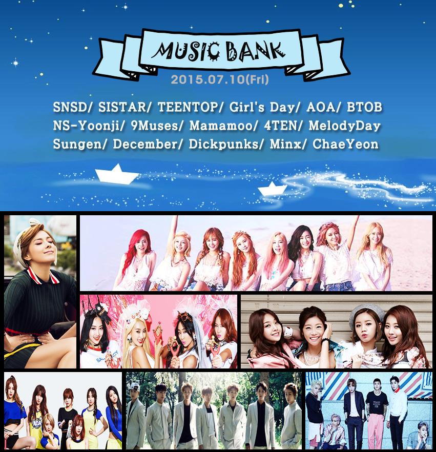 Music Bank line-up tonight:
SNSD
Sistar
Girl's Day
AOA
Mamamoo
9Muses
TeenTop
BTOB
NS Yoonji
MelodyDay
Minx
4TEN etc