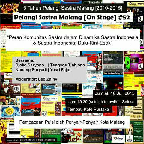 5 Tahun #PelangiSastraMalang "Peran Komunitas Sastra&amp;Dinamika Sastra Indonesia" | hari ini pk 19.30 <a href="/InspirasiMalang/">Rumah Inspirasi</a>