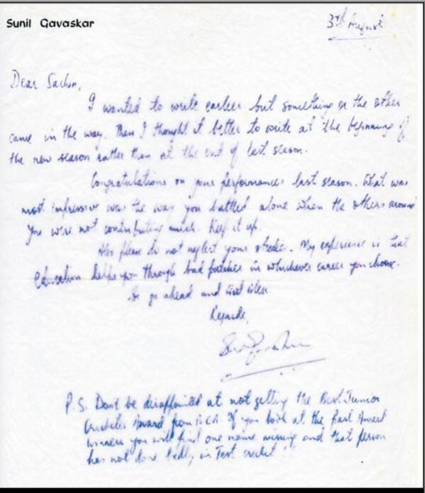Happy Birthday Sunil Gavaskar.

Gavaskar\s letter to consoling him for not getting the Best Jr Cricketer 
