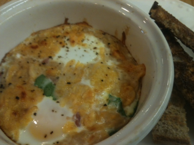 English Baked Eggs with Irish Bacon/Spinach served w/toasted soldiers,  Oxford Hall Tea Café #Harrisburg #tearooms