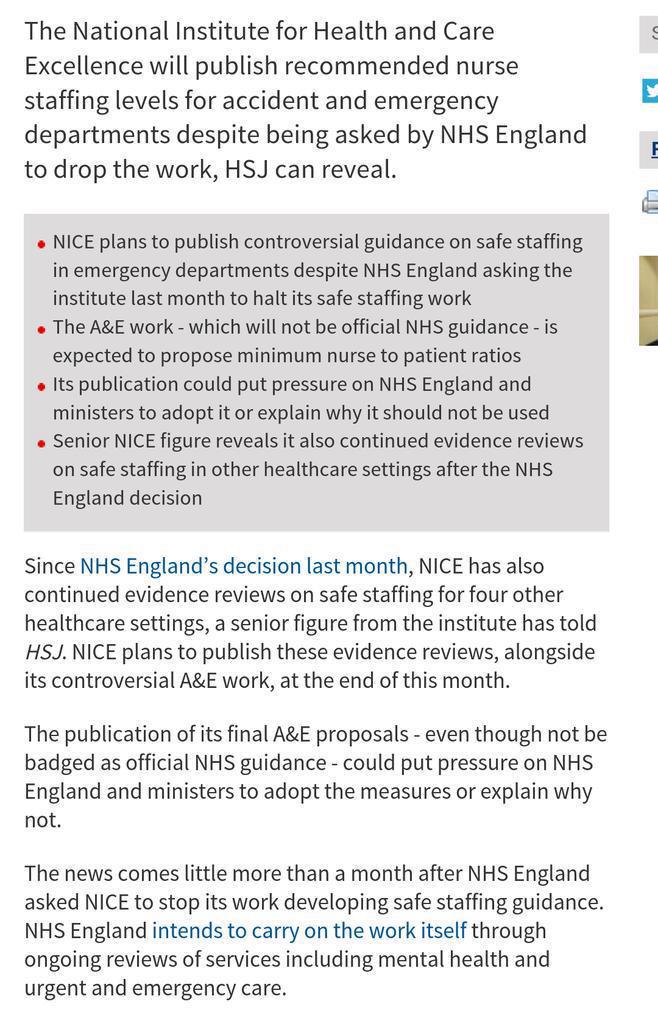 NICE to publish it's evidence on safe staffing levels despite being told by NHS England to drop the work. Well done.