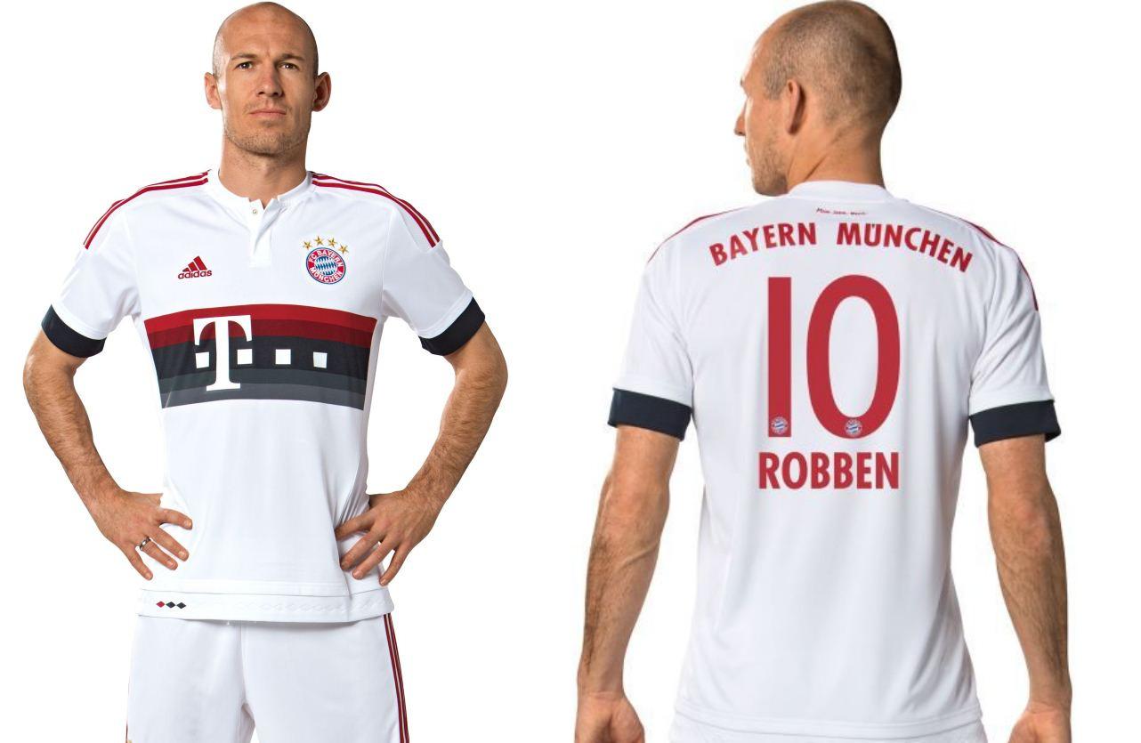 Football Kit News on "Official- Arjen Robben models the new white Bayern Munich away kit for 2015/16 #FCB http://t.co/NNEf36God5" / Twitter