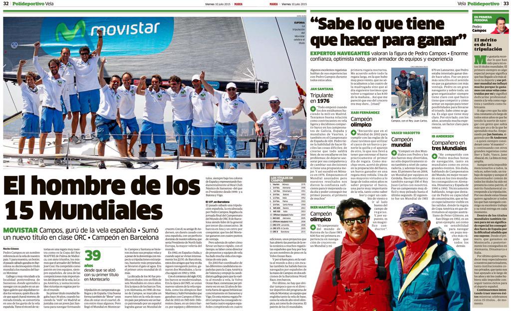 Hoy <a href="/marca/">MARCA</a> "El hombre d ls 15 mundiales" n referencia a Pedro Campos y s reciente título n l <a href="/ORCBCN15/">BCN ORC WORLDS 2015</a> <a href="/IkerSailing/">Iker Martinez</a>