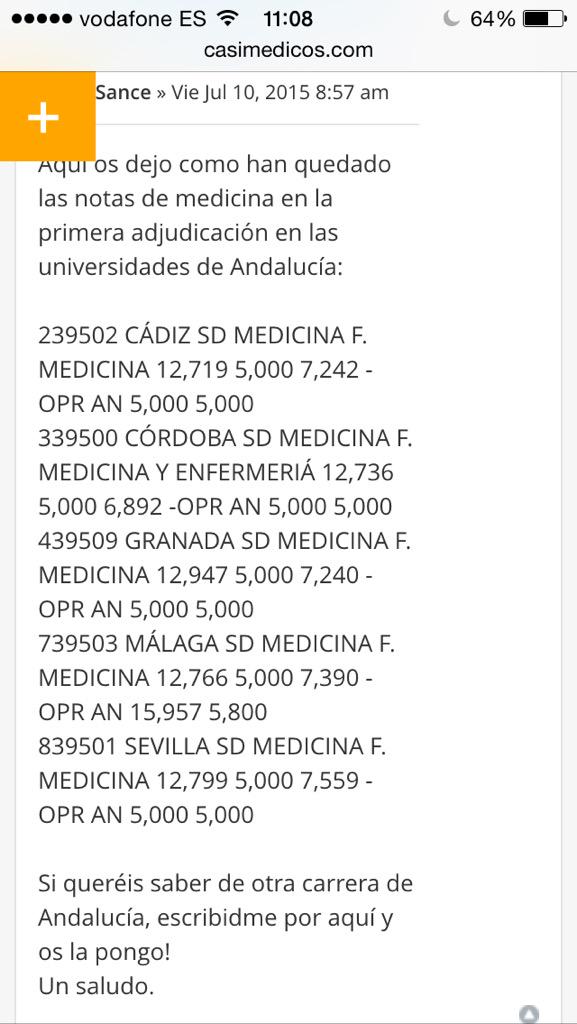 Filtración notas primera adjudicación medicina en Andalucía