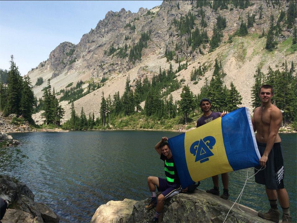 Connor Lough, Justin Martin and Kasey Truong from <a href="/UW_DeltaUpsilon/">UW - Delta Upsilon</a> at Melakwa Lake in Washington. #FlagFriday