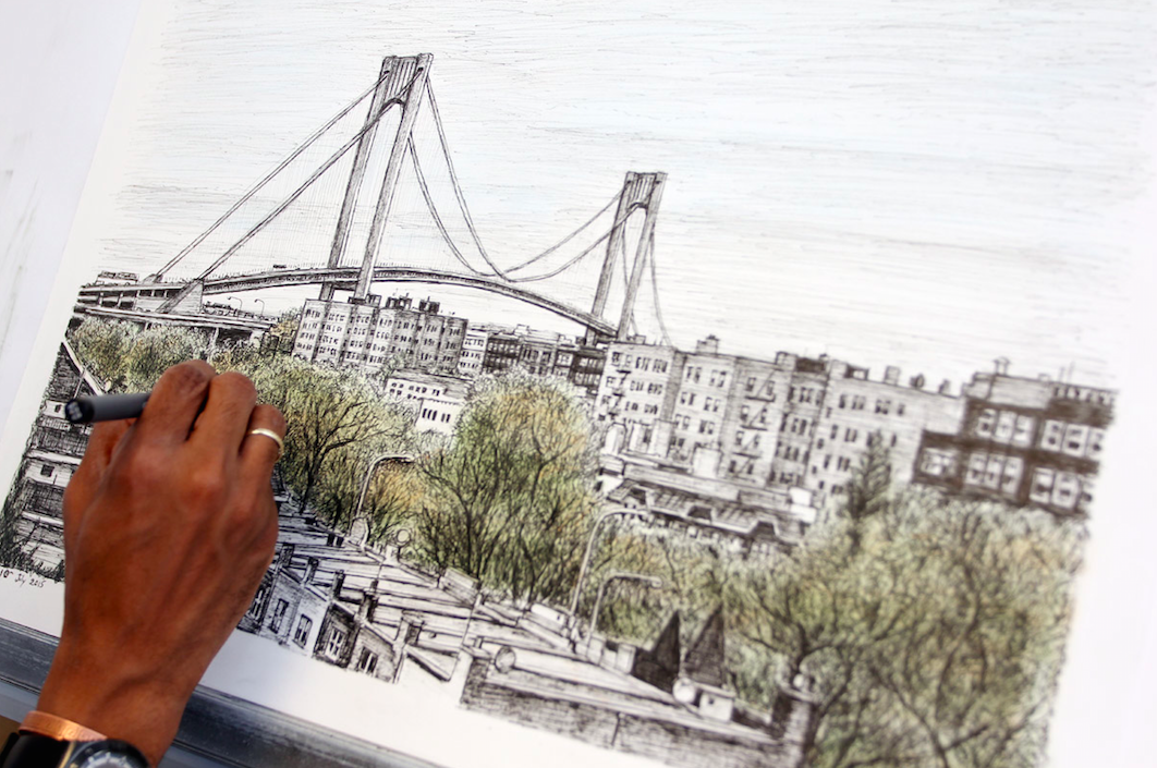 StWiltshire's tweet photo. Stephen's #drawing of the Verrazano-Narrows Bridge #NewYork inspired by Saturday Night Fever! #Artistryinprogress http://t.co/1EzQVSd68w