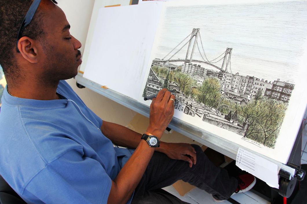 StWiltshire's tweet photo. Stephen's #drawing of the Verrazano-Narrows Bridge #NewYork inspired by Saturday Night Fever! #Artistryinprogress http://t.co/1EzQVSd68w