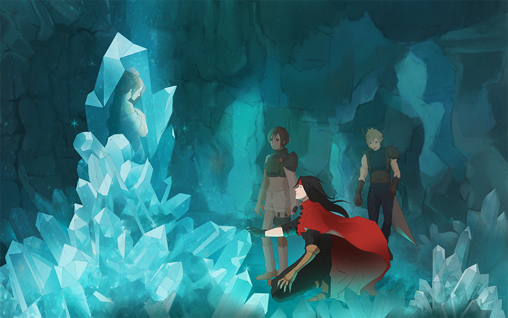 Vincent in the crystal cave with Lucrecia (Yuffie and Cloud in the party) - by @_shillo on twitter