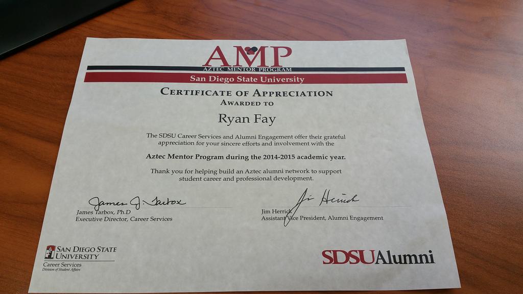 Ryan Fay On Twitter Sdsu Thanks For The Certificate Of