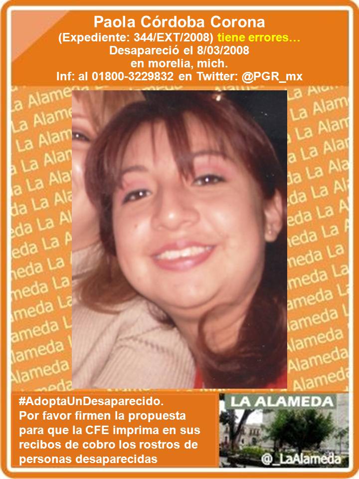 #TeBuscamos Paola Córdoba Corona #Morelia #Mich 8/3/08 <a href="/PGR_mx/">CasinoPPC📌</a> 018003229832 <a href="/laalamedachis/">La Alameda Chiapas</a> <a href="/_LaAlamedaSLP/">_LaAlamedaSLP</a> <a href="/_LaAlameda/">@_LaAlameda</a>