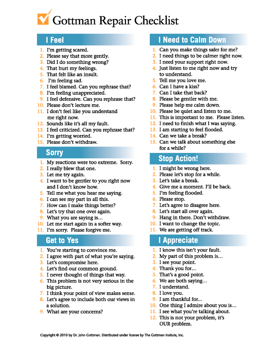 GottmanInst's tweet photo. Use the Gottman Repair Checklist to de-escalate conflict. http://t.co/MdPIst7YIN