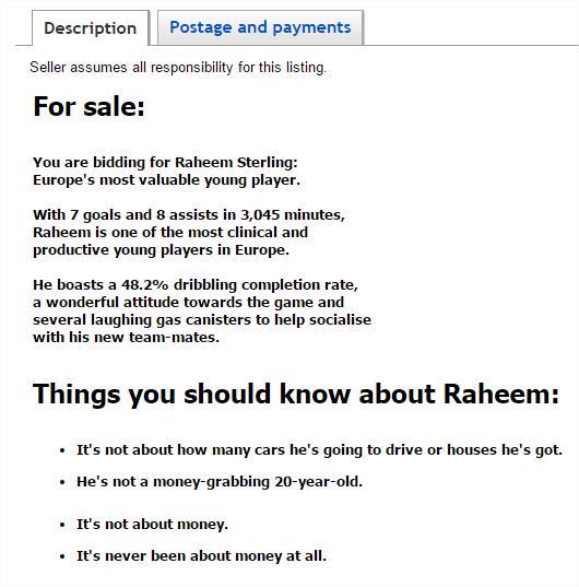 FootballFunnys's tweet photo. Raheem Sterling has been put for sale on eBay. http://t.co/gtoFDET98V