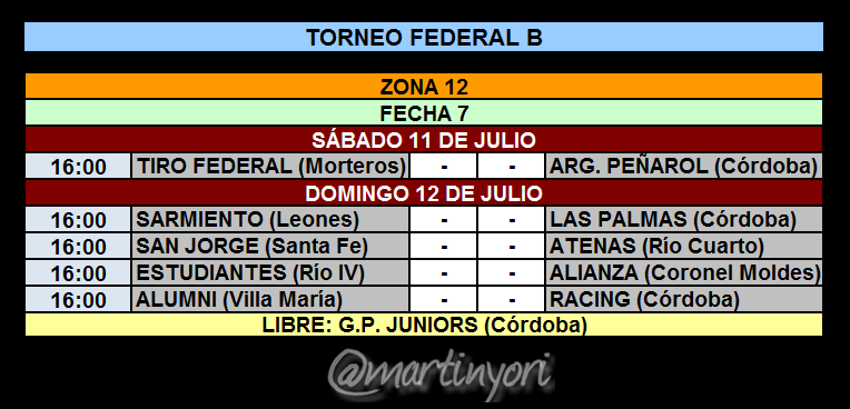 #FederalB
Cronograma de la Fecha 7 en la zona de los #Cordobeses.