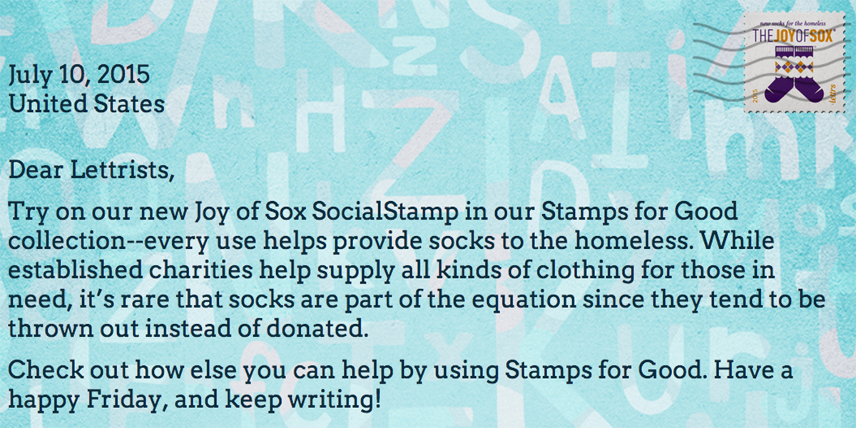 lettrsfound's tweet photo. Try on our new Joy of Sox #SocialStamp to help provide #socks for those in need. {http://t.co/Ioea7CjpNd} http://t.co/ckQf7npLZX
