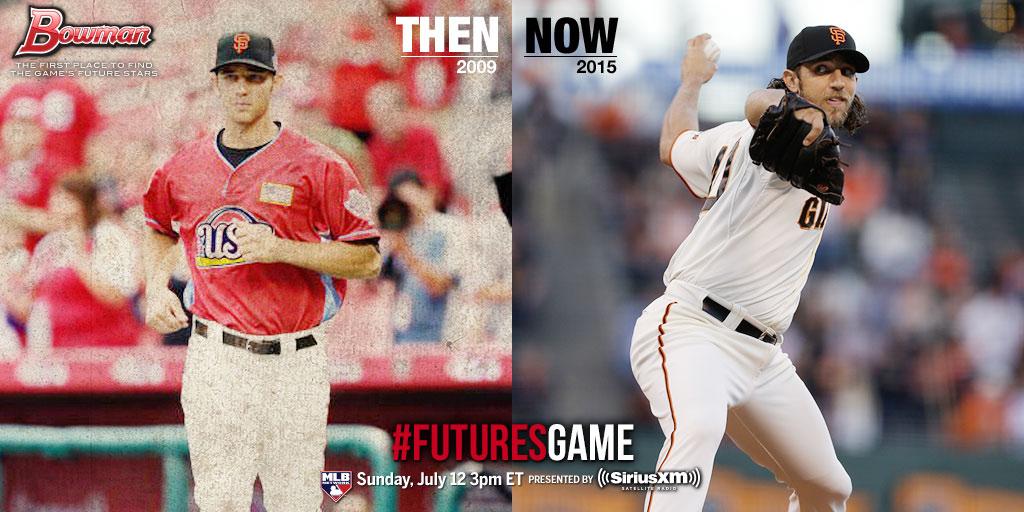 MLB's tweet image. Will the #FuturesGame yield another #MadBum? Find out Sunday at 3 pm ET on @MLBNetwork. @bowmancards