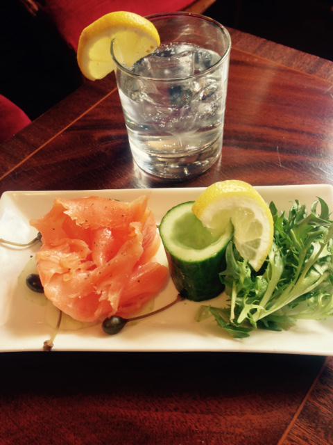One of our delicious specials - smoked salmon rose with pickled cucumber and a Hendricks gin jelly shot.