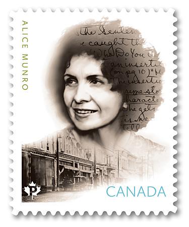 Canada Post stamp of Nobel winning author Alice Munro with handwriting in her hair. We like! Happy Birthday AM! 