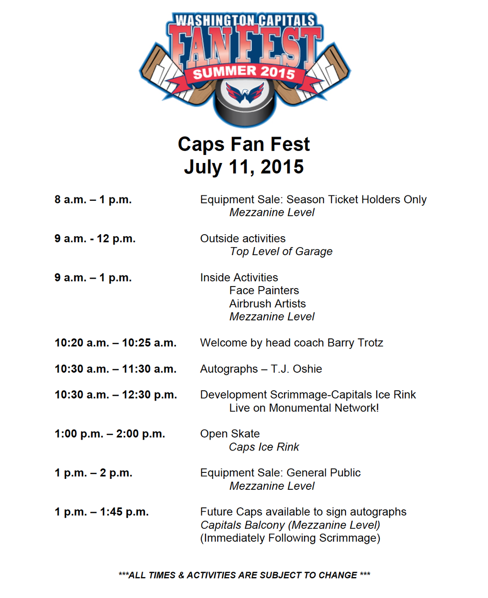 Capitals's tweet photo. #CapsFanFest timeline of events! See you tomorrow at @KCIceplex! #Caps #RockTheRed #HockeyInTheSummer #CapsDevCamp http://t.co/cGtOPL5Xuv