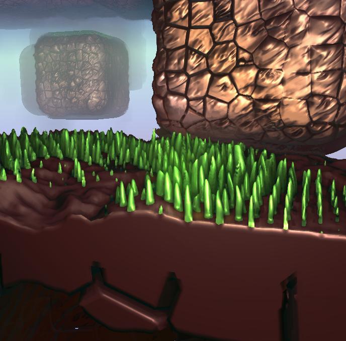 gavanw's tweet photo. Improved grass - softer points, no grass growing underground, more variation in size and pos, median filter #gamedev http://t.co/pFfO0r2psY
