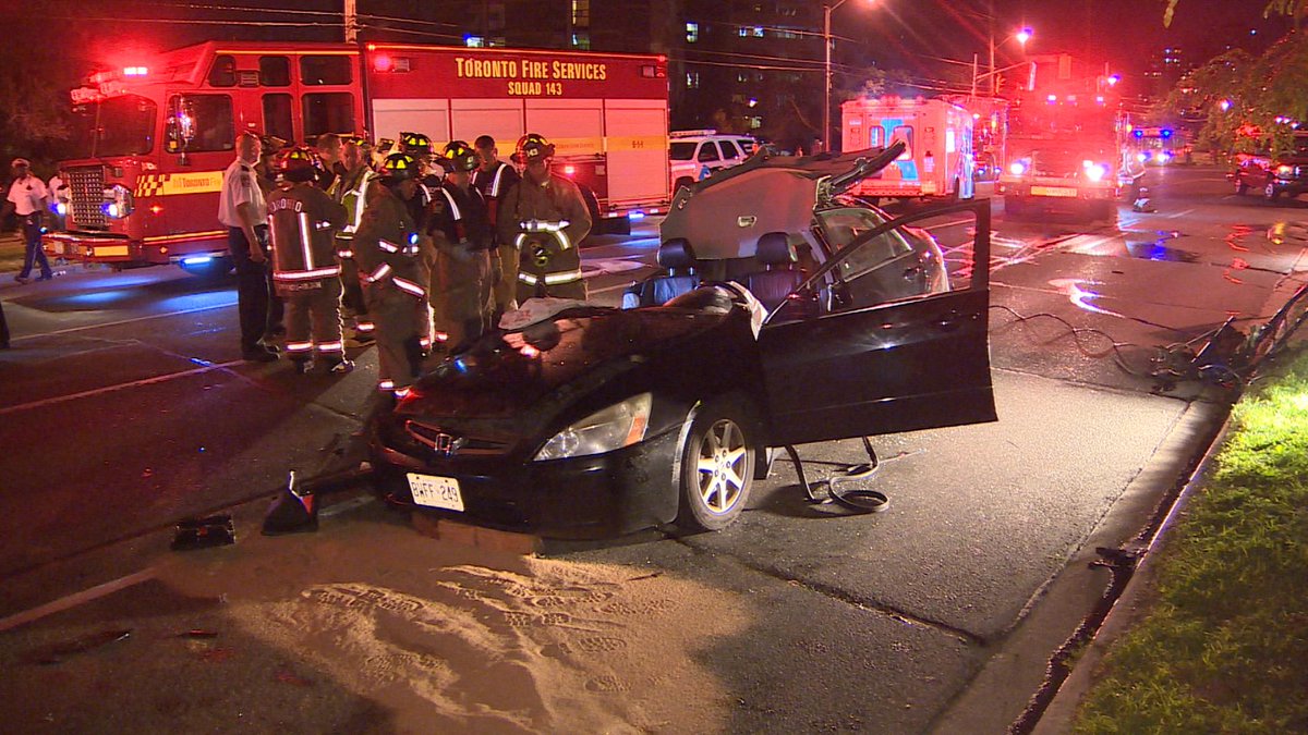 CBCToronto's tweet photo. Jaws of life used to cut passenger from car after crash with #TTC bus. Kipling near Steeles. @TorontoMedics @TPFFA http://t.co/xGKYVmL8gq