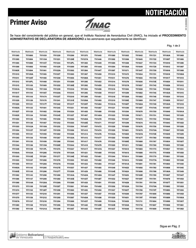 STA_Venezuela's tweet photo. @INAC_Venezuela HACE EL 1ER AVISO DE DECLARATORIA DE ABANDONO DE 1068 AERONAVES DEL PARQUE AÉREO VENEZOLANO. 1/2 http://t.co/oT07joFO4N