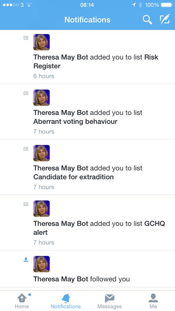 alexbloor's tweet photo. ROFLLLLLLLLLL #normallyhatebots #notthisonethough /cc: @theresamaybot http://t.co/WqHzNeUBcF