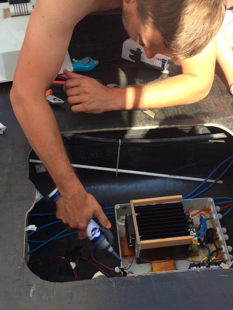 sgsolarboat's tweet image. Set back for Scigrip Solar Boat Team. Sea water in the electrics. Scigrip Powercan system to the rescue @solar1races