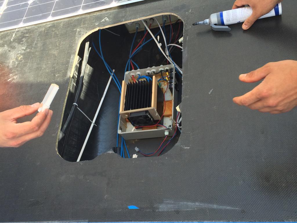 sgsolarboat's tweet image. Set back for Scigrip Solar Boat Team. Sea water in the electrics. Scigrip Powercan system to the rescue @solar1races